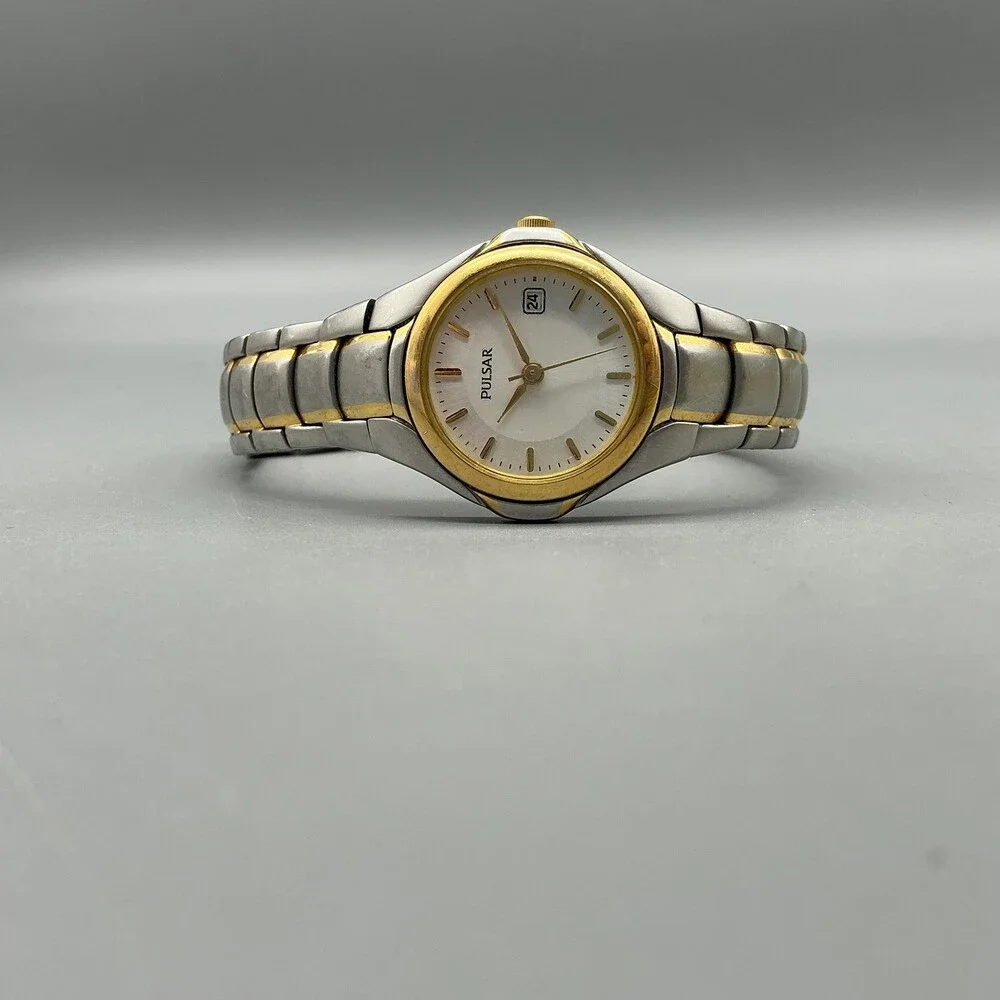 Pulsar V75-X245 Women Watch 24mm White Dial Two Tone Stainless New Battery 6.75